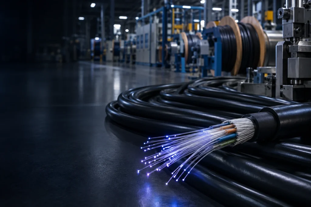 Fiber optic cable and illuminated glass fibers in a telecommunications manufacturing facility